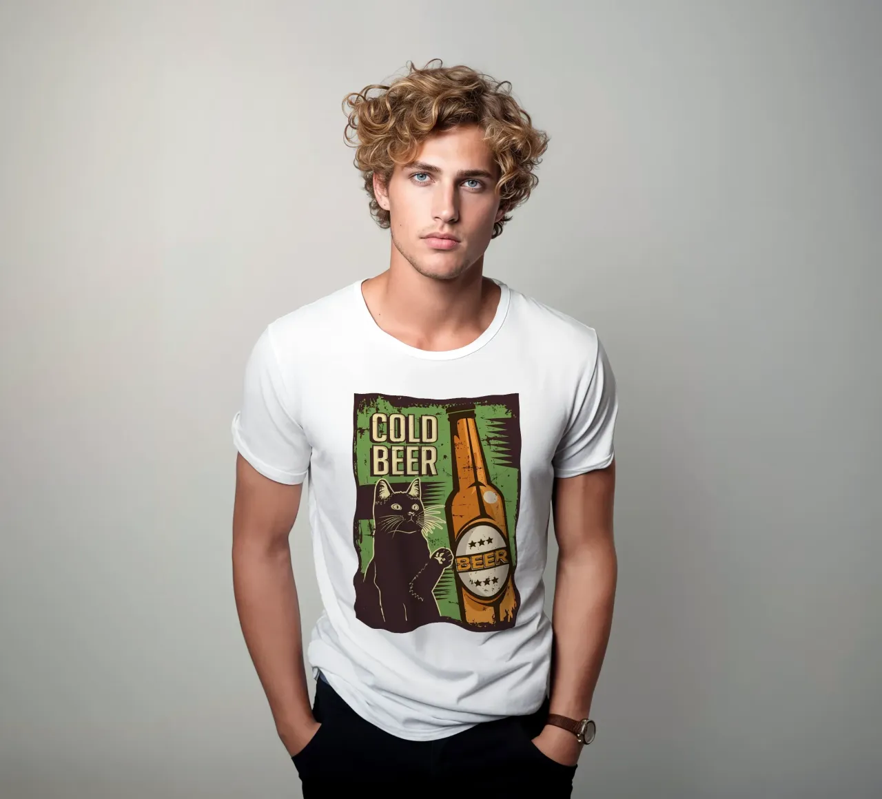 Cat cold beer t-shirt by Monique A Hooper