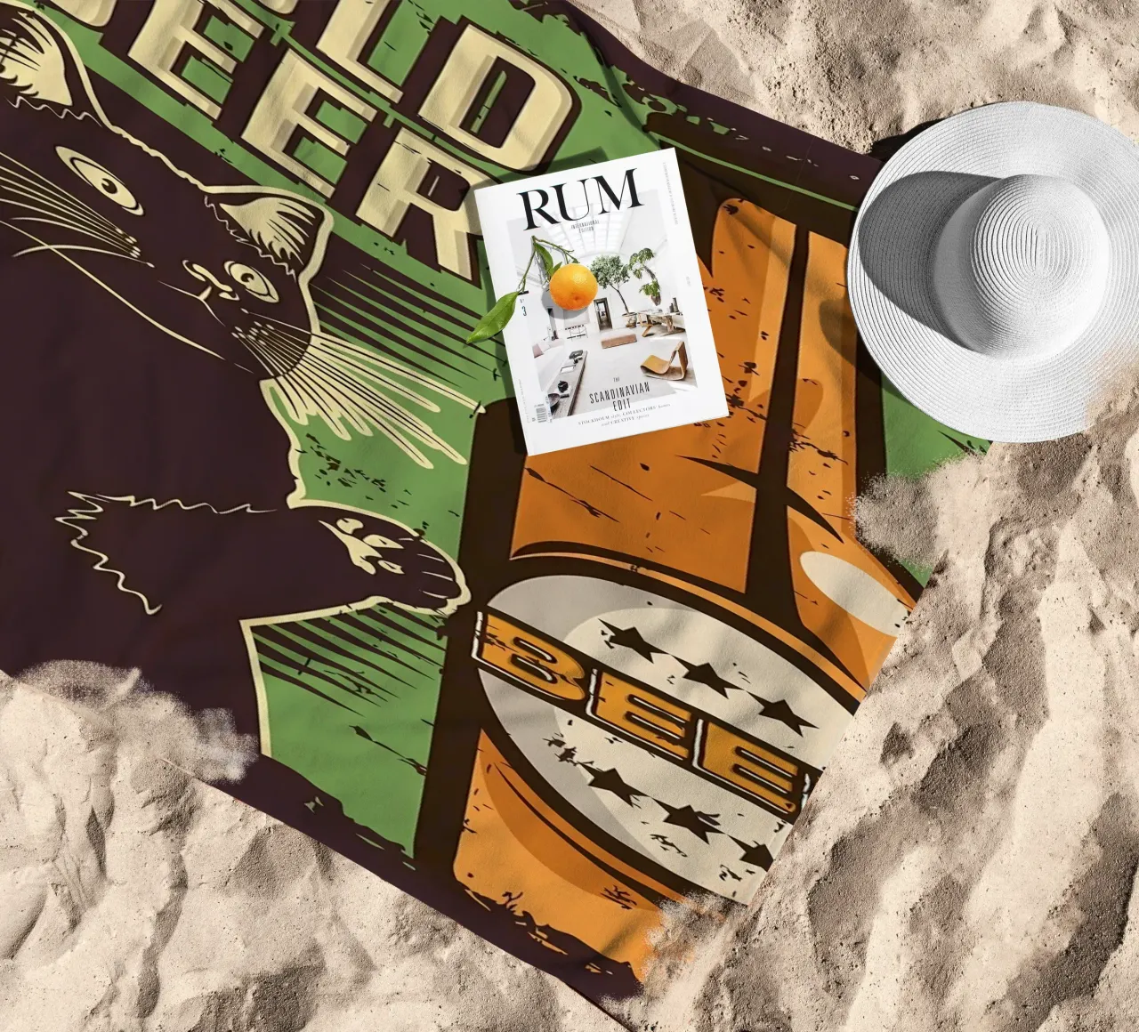 Cat cold beer beach towel by Monique A Hooper