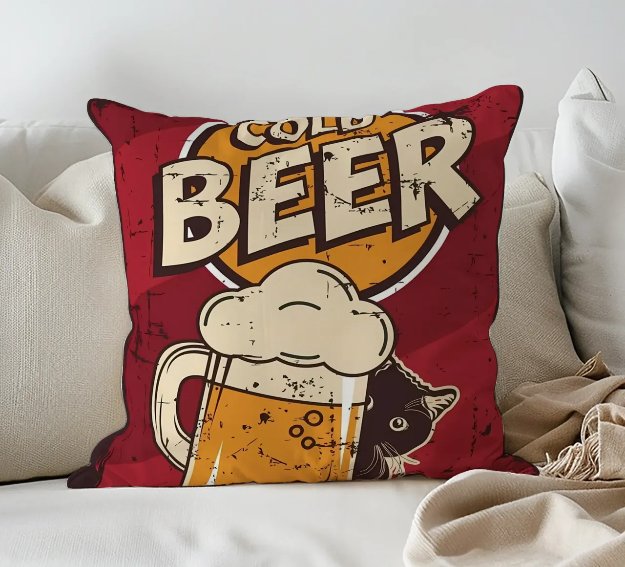 Drunk cat cold beer decorative cushion by Monique A Hooper