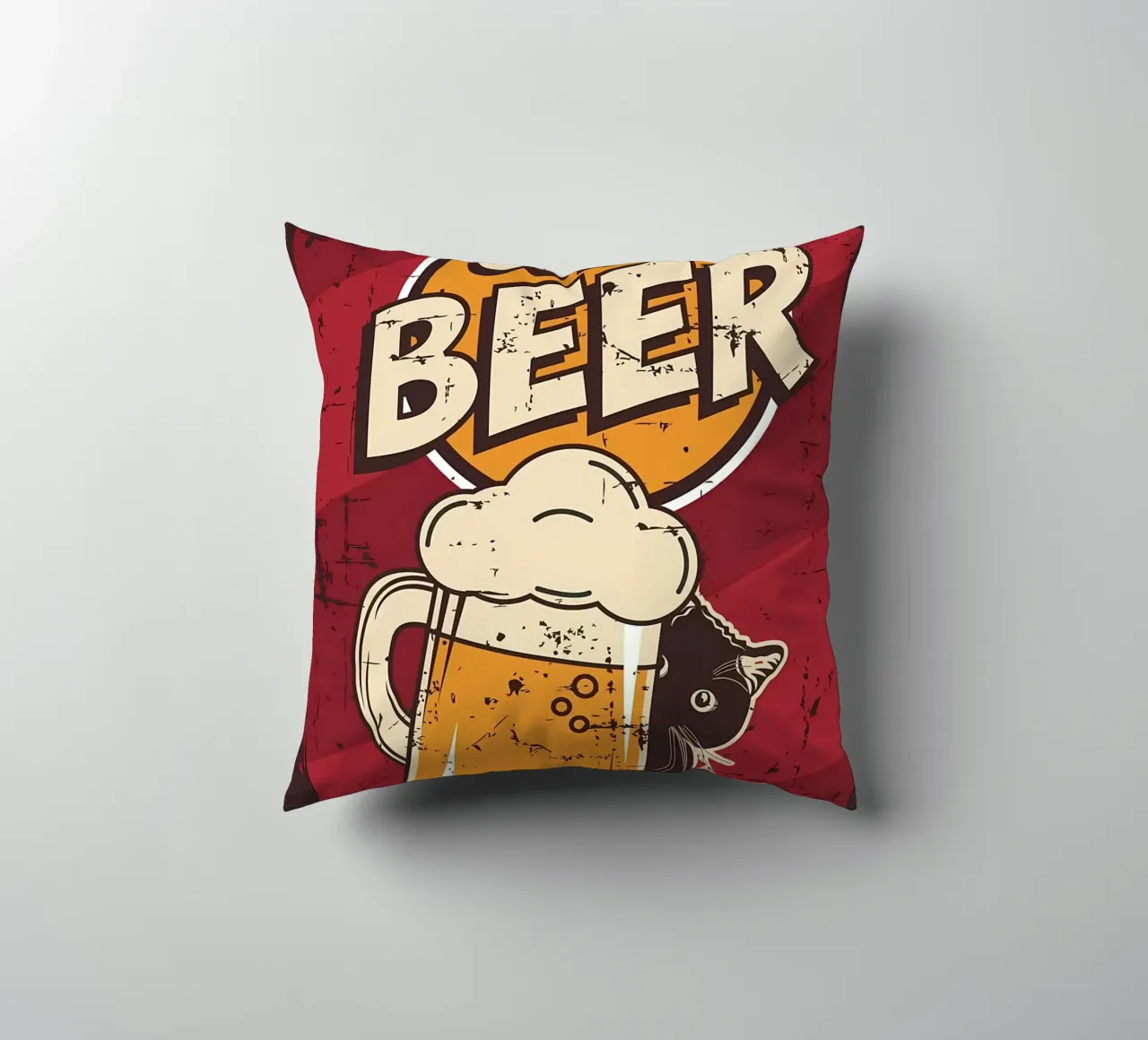 Drunk cat cold beer decorative cushion by Monique A Hooper
