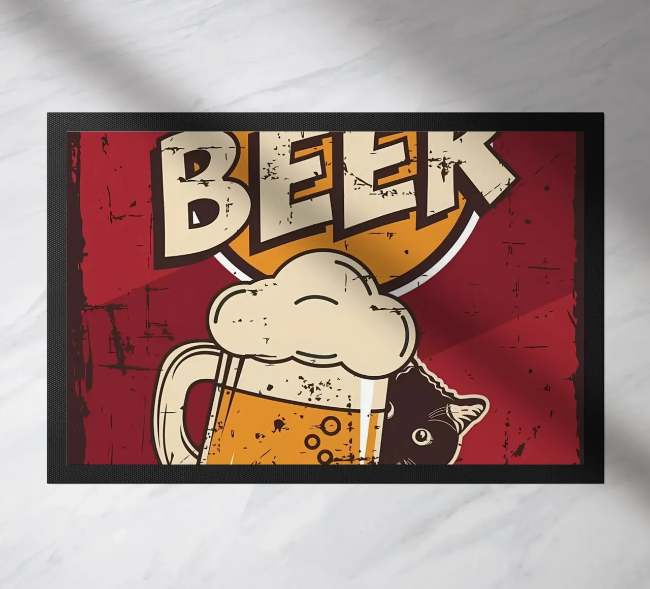 Drunk cat cold beer doormat by Monique A Hooper