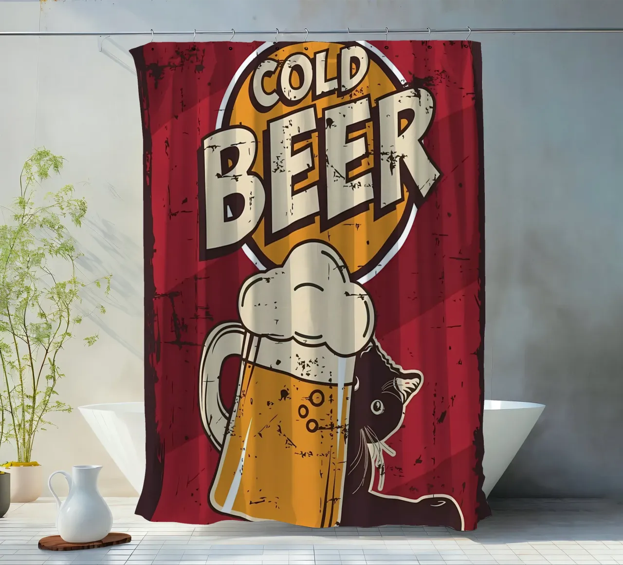 Drunk cat cold beer shower curtain by Monique A Hooper