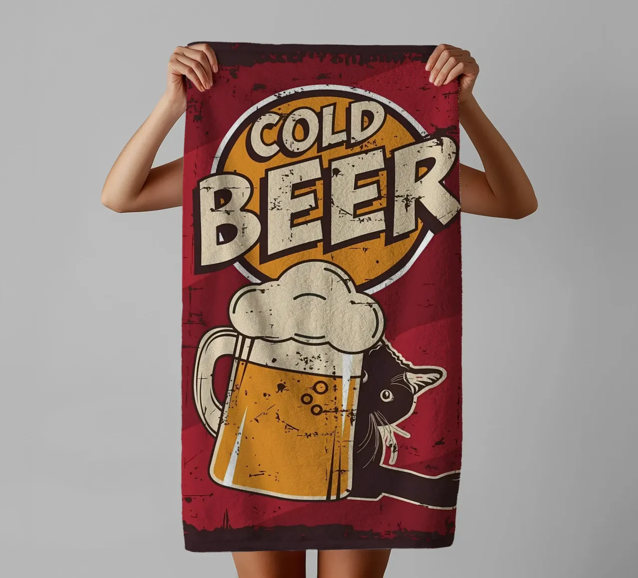 Drunk cat cold beer towel by Monique A Hooper