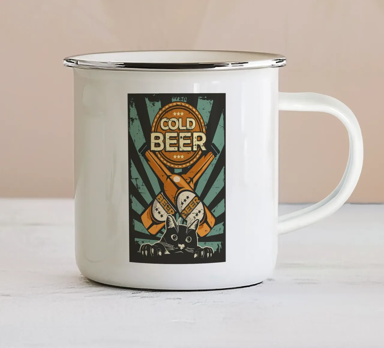 Un chat applaudit une bière froide mug en émail de Monique A Hooper