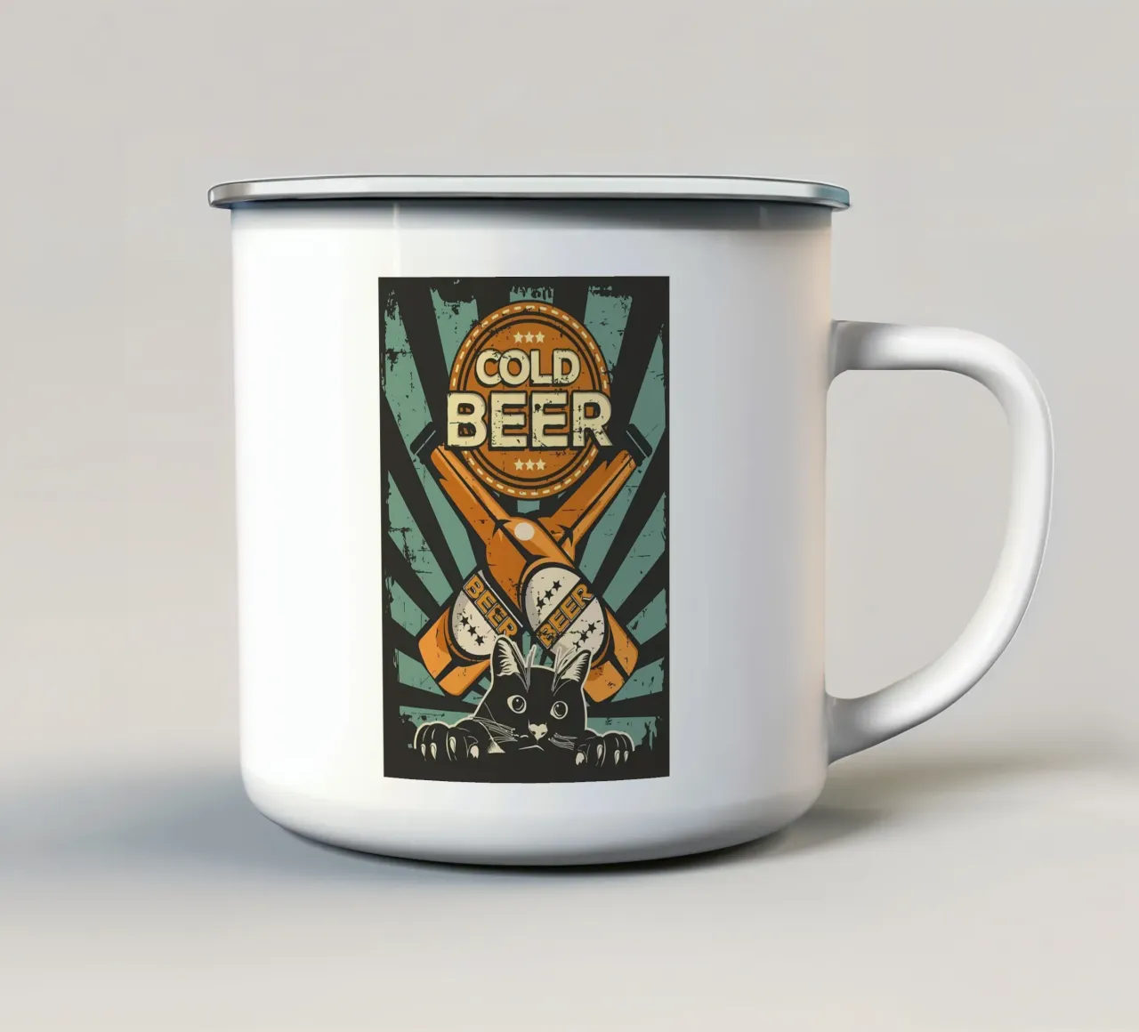 Un chat applaudit une bière froide mug en émail de Monique A Hooper