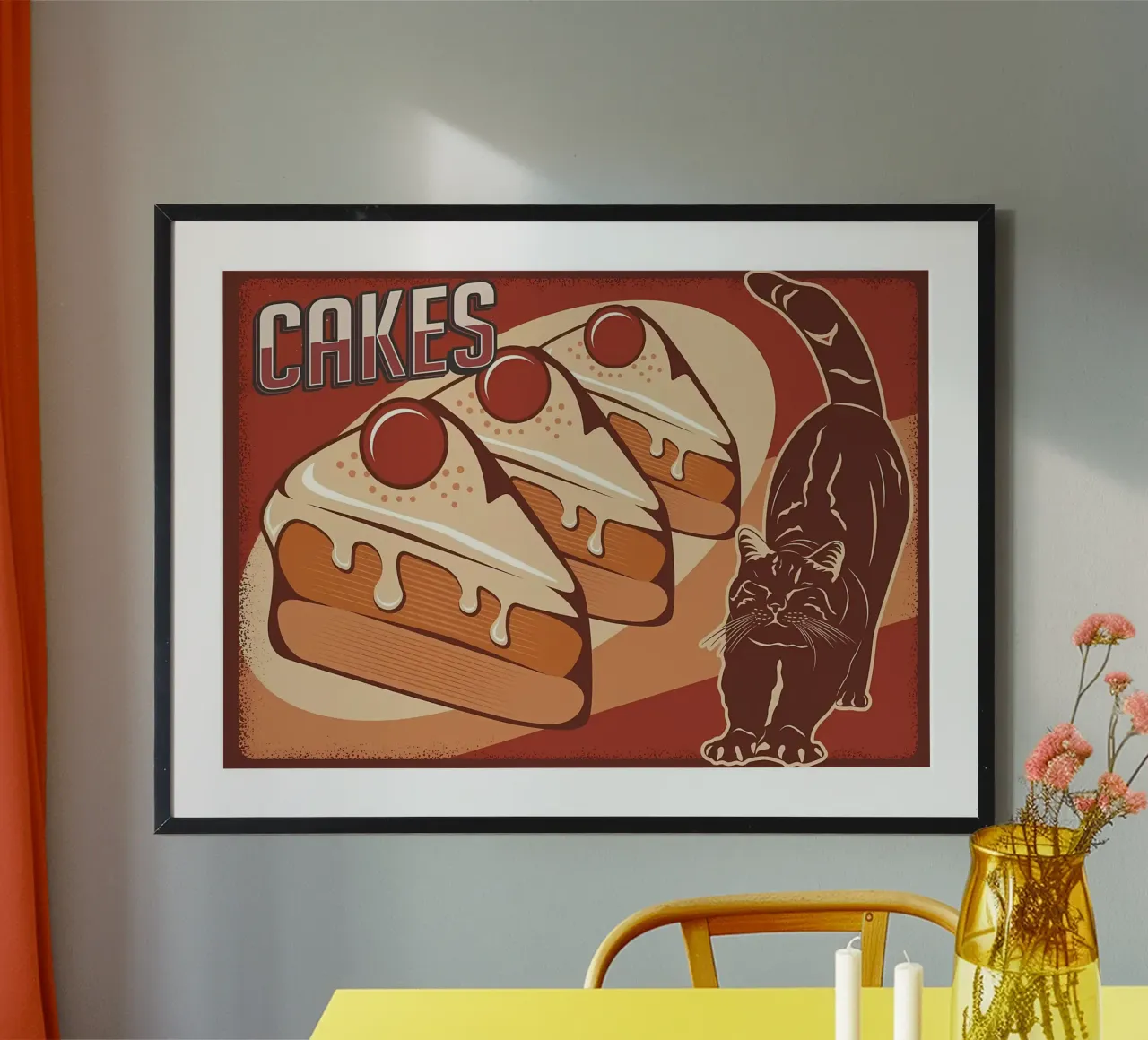 Torte e gatto nero poster con telaio in plastica da Monique A Hooper