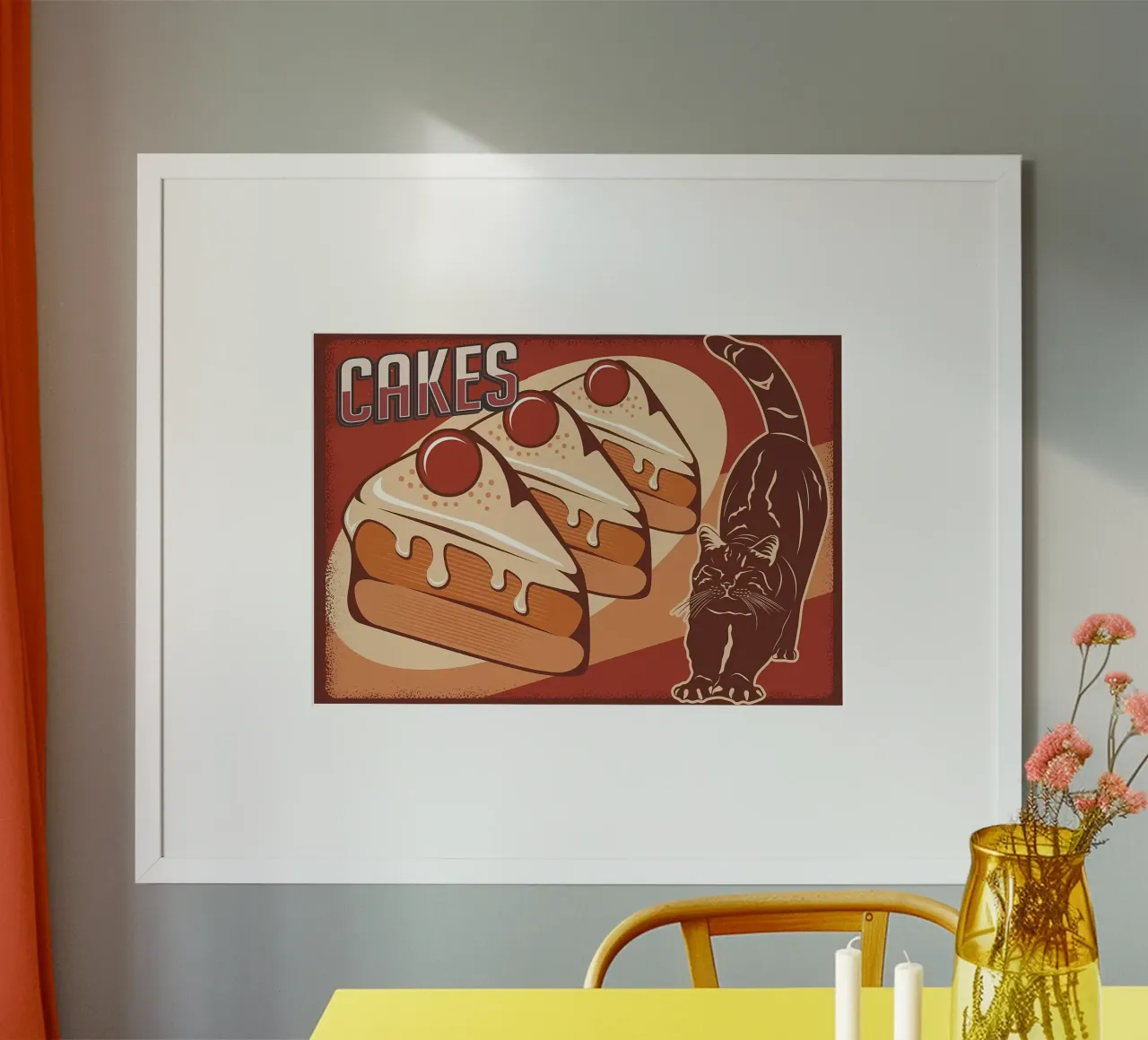 Torte e gatto nero poster con telaio in plastica da Monique A Hooper