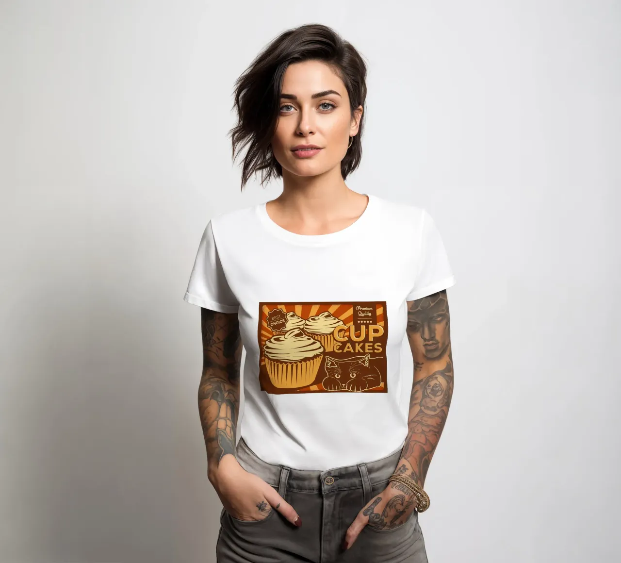 Funny cat cupcakes women's fitted t-shirt by Monique A Hooper