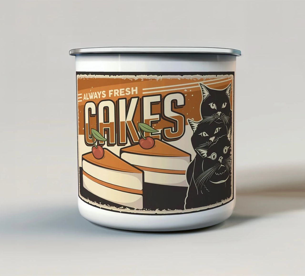 Torte e gatti tazza in smalto da Monique A Hooper
