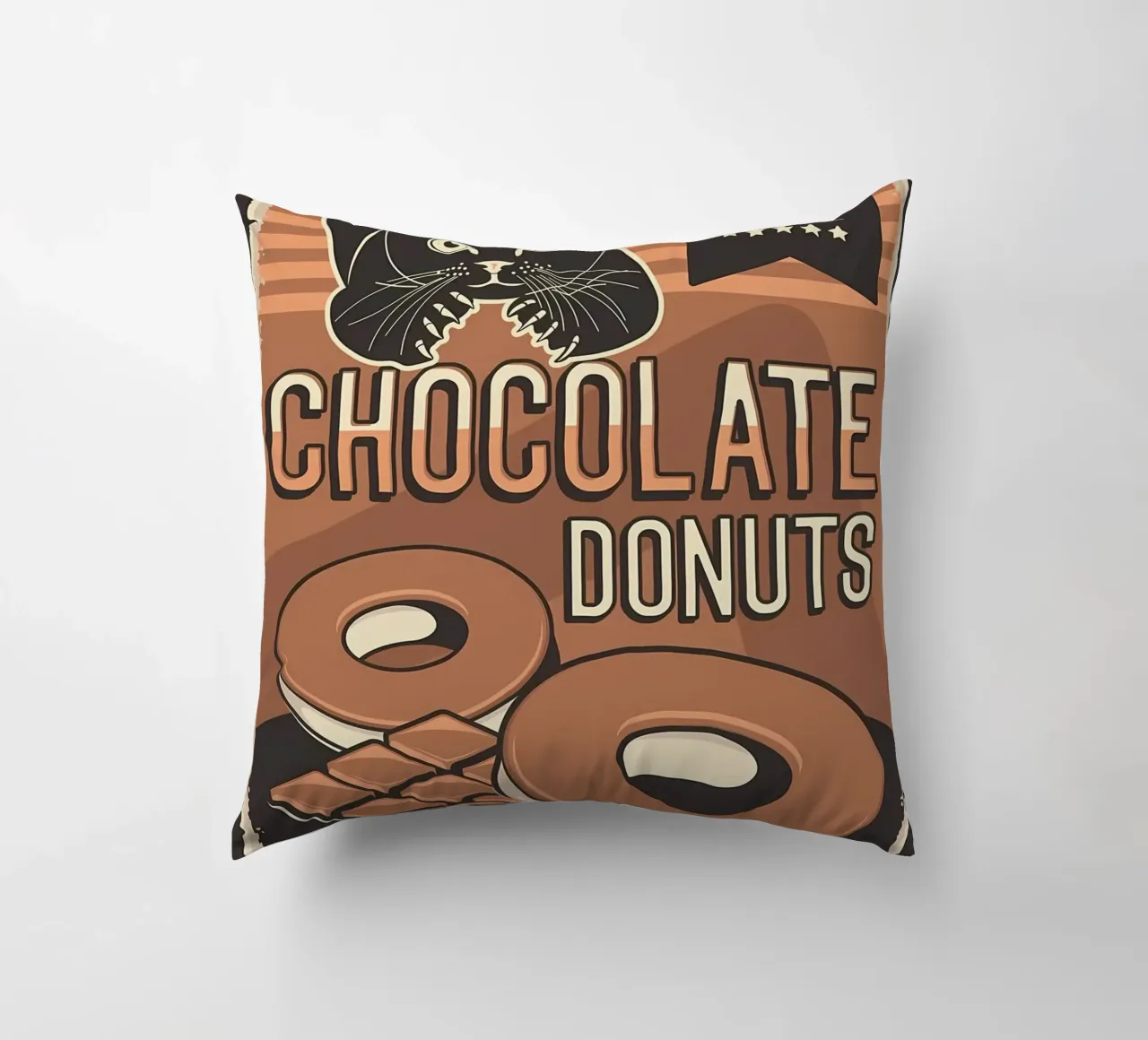 Chocolate donuts and cat decorative cushion by Monique A Hooper