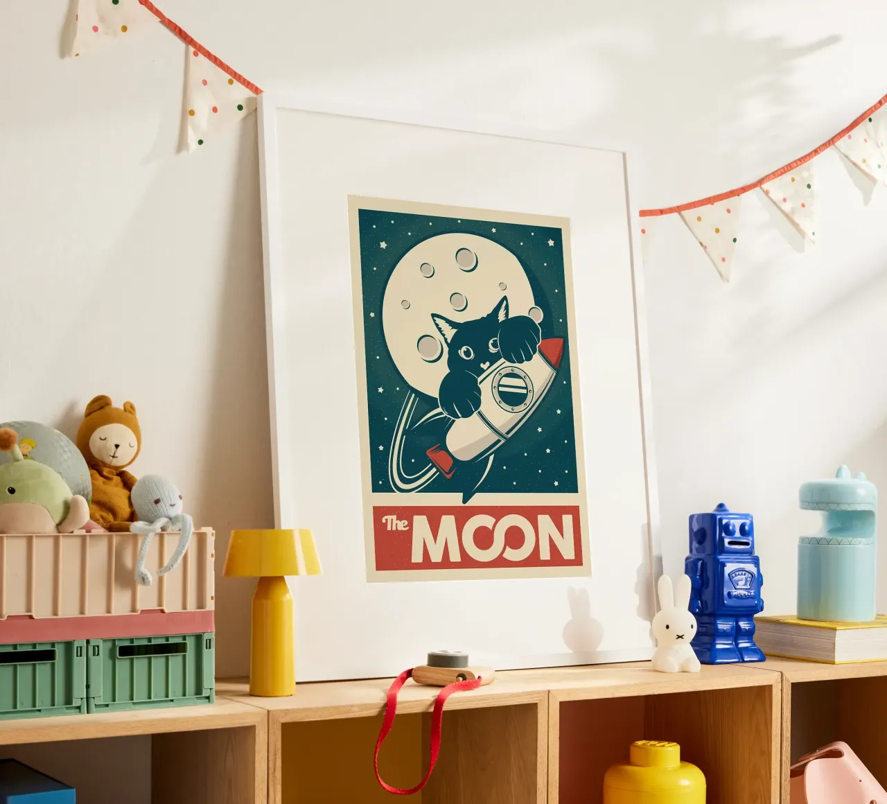 Gatto e Luna poster con telaio in alluminio da Monique A Hooper