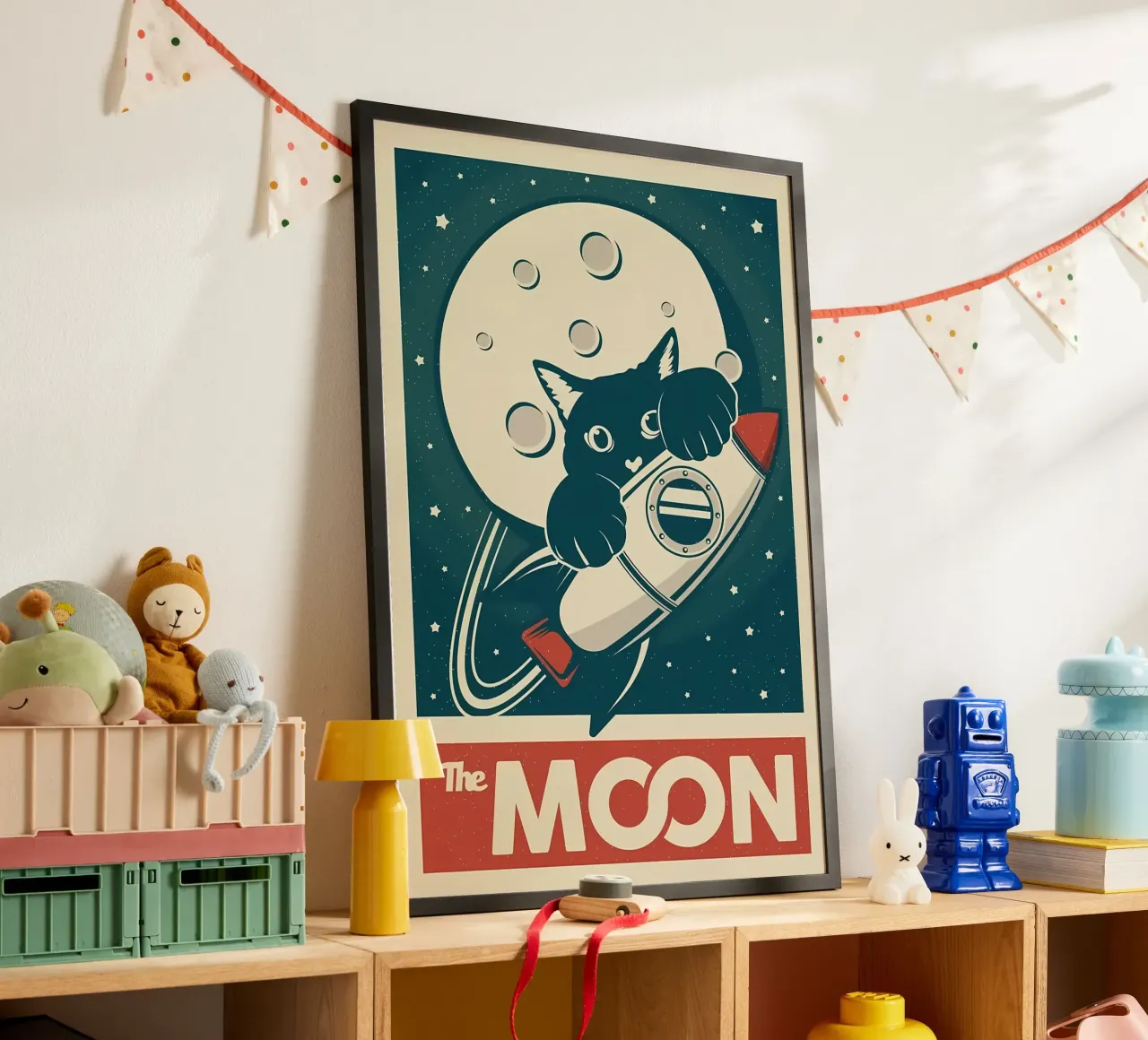 Gatto e Luna poster con telaio in alluminio da Monique A Hooper
