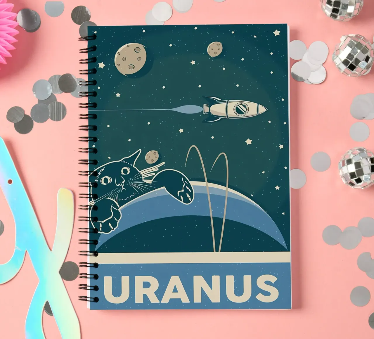 Retro Cat and Uranus spiral notebook by Monique A Hooper