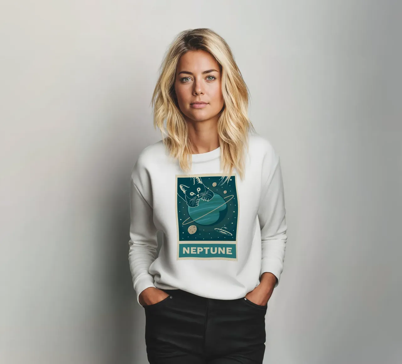 Retro Cat and Neptune sweatshirt by Monique A Hooper