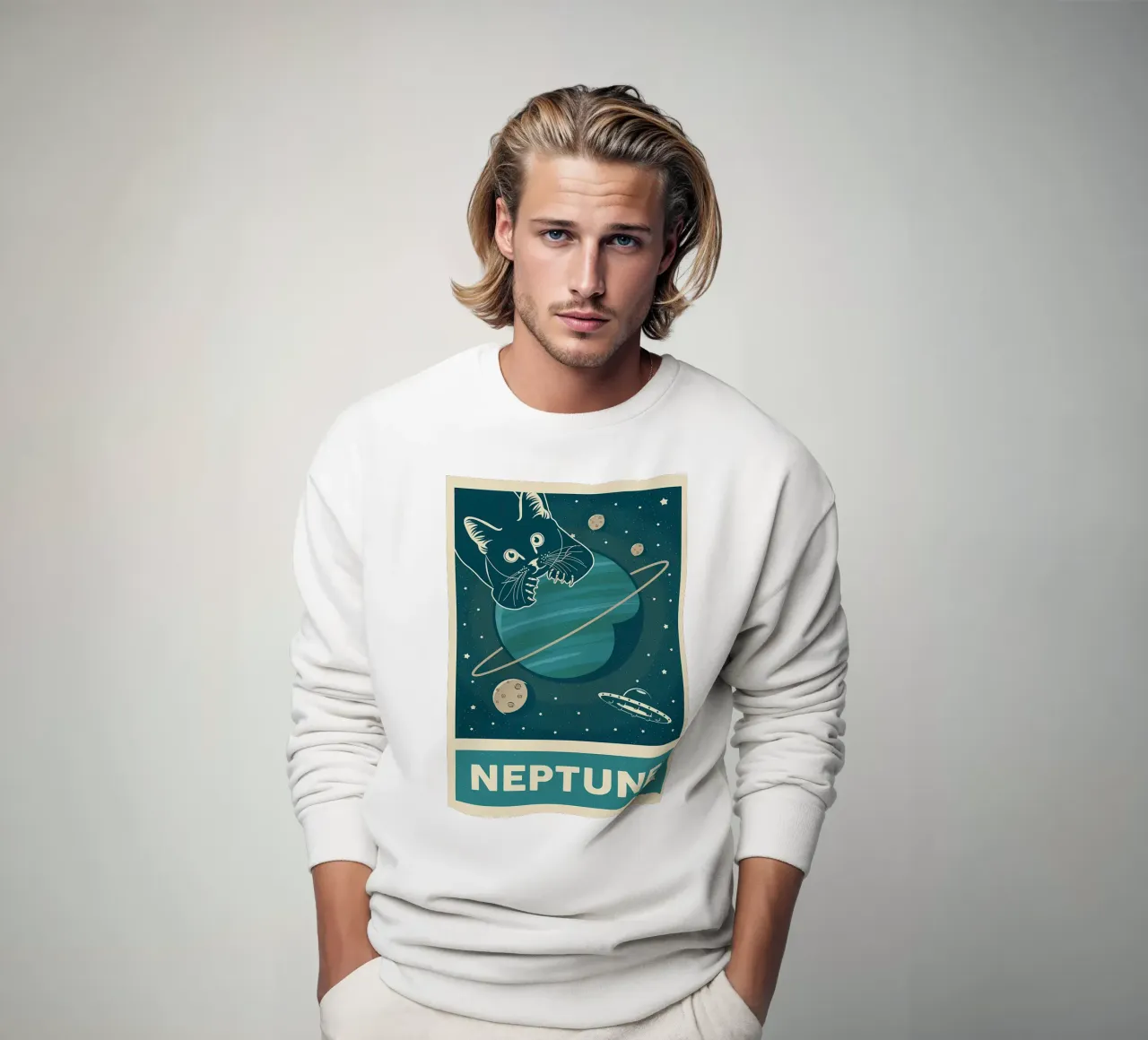 Retro Cat and Neptune sweatshirt by Monique A Hooper