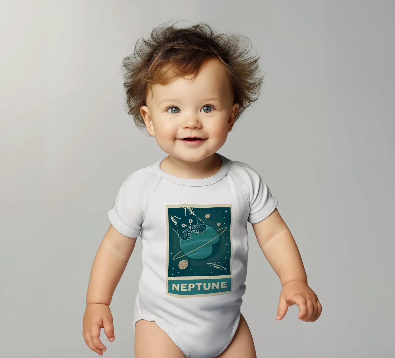 Gatto retrò e Nettuno body neonato maniche corte da Monique A Hooper