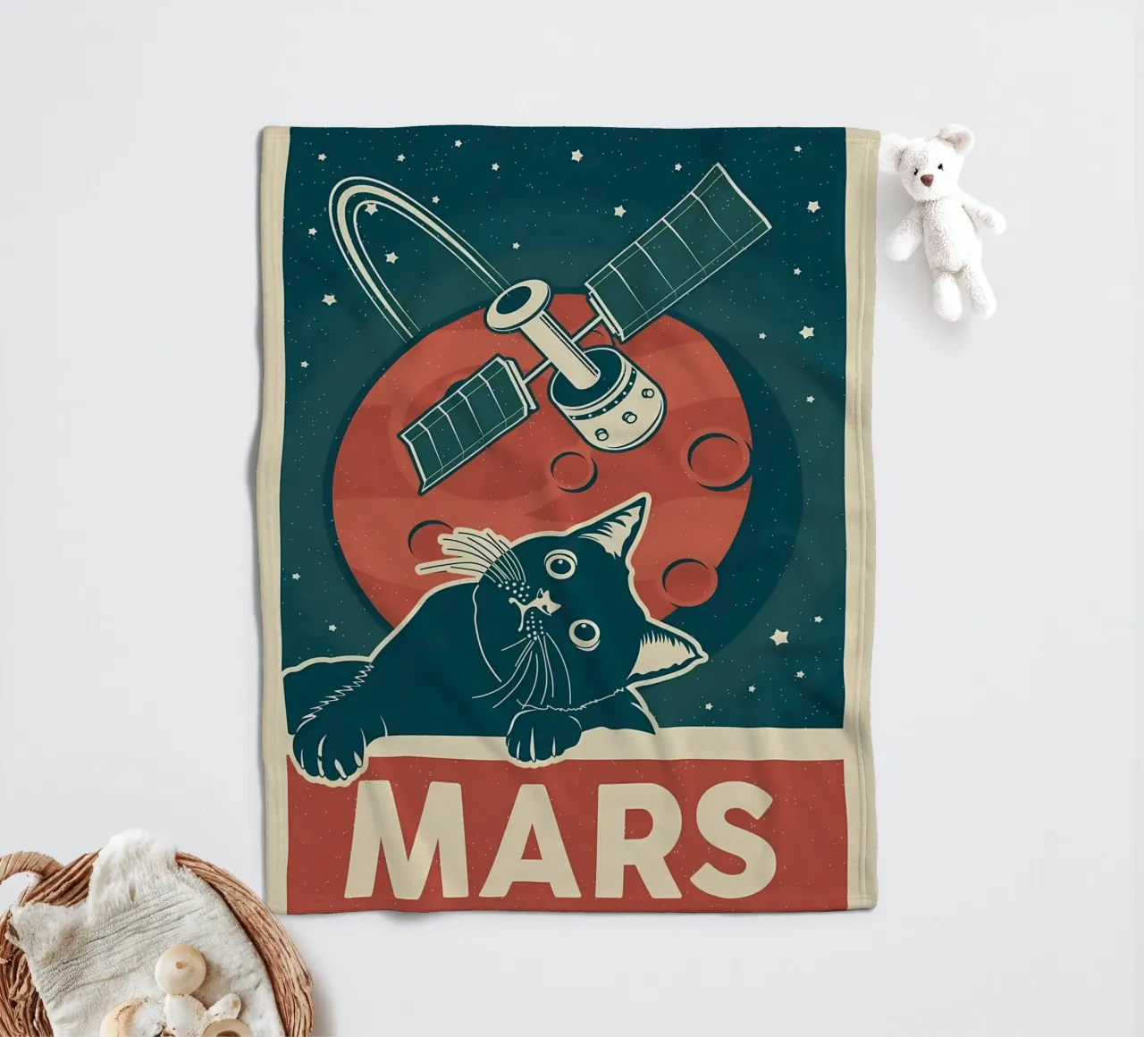Retro Cat and Mars fleece blanket by Monique A Hooper