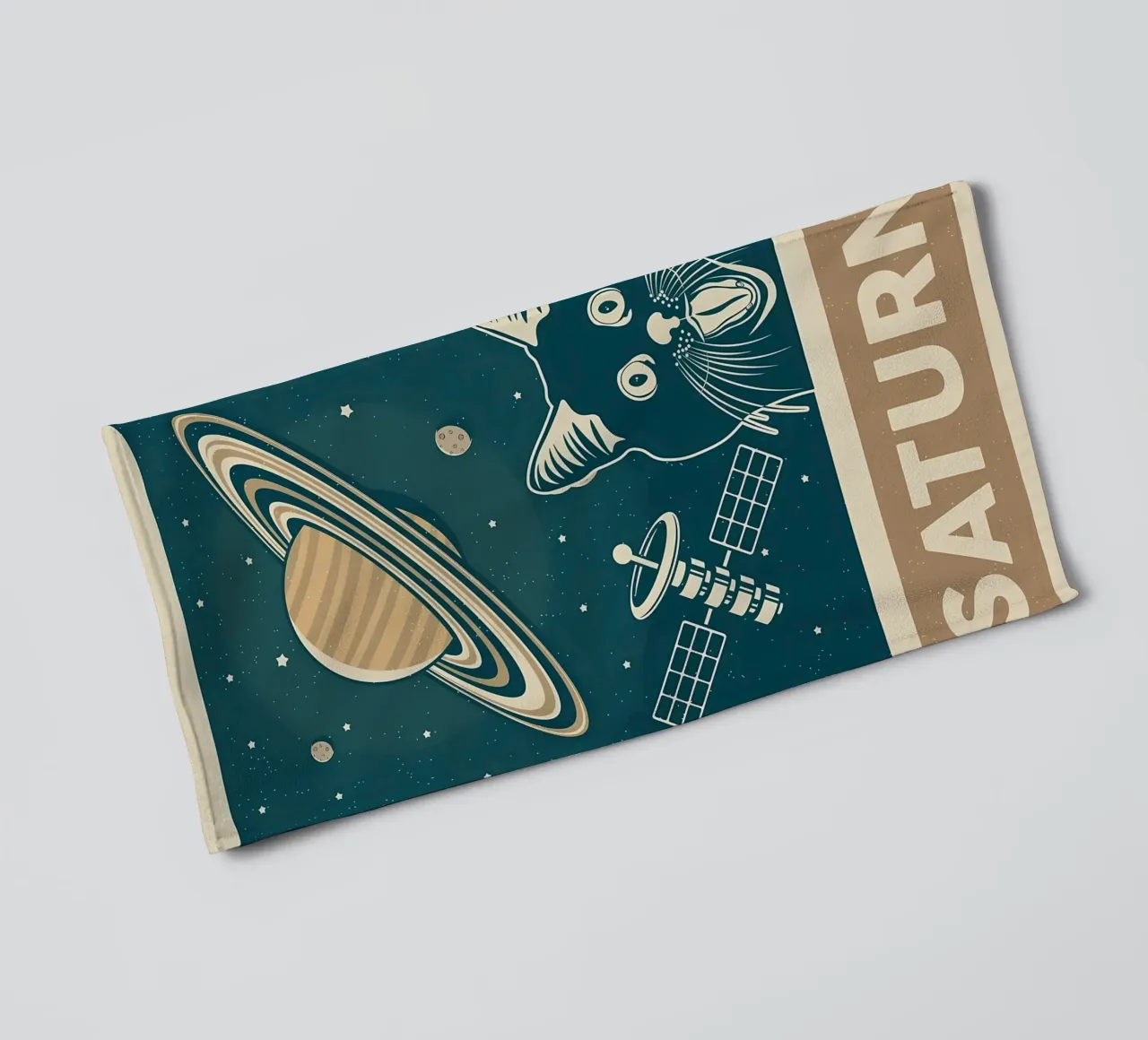 Retro Cat and Saturn towel by Monique A Hooper