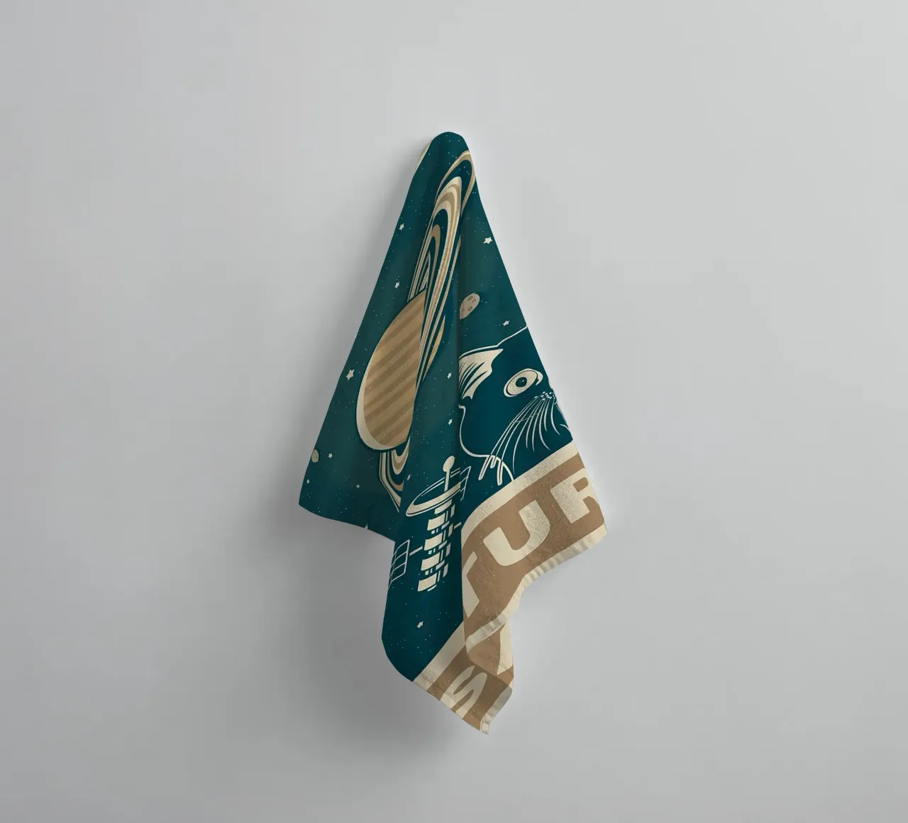Retro Cat and Saturn towel by Monique A Hooper