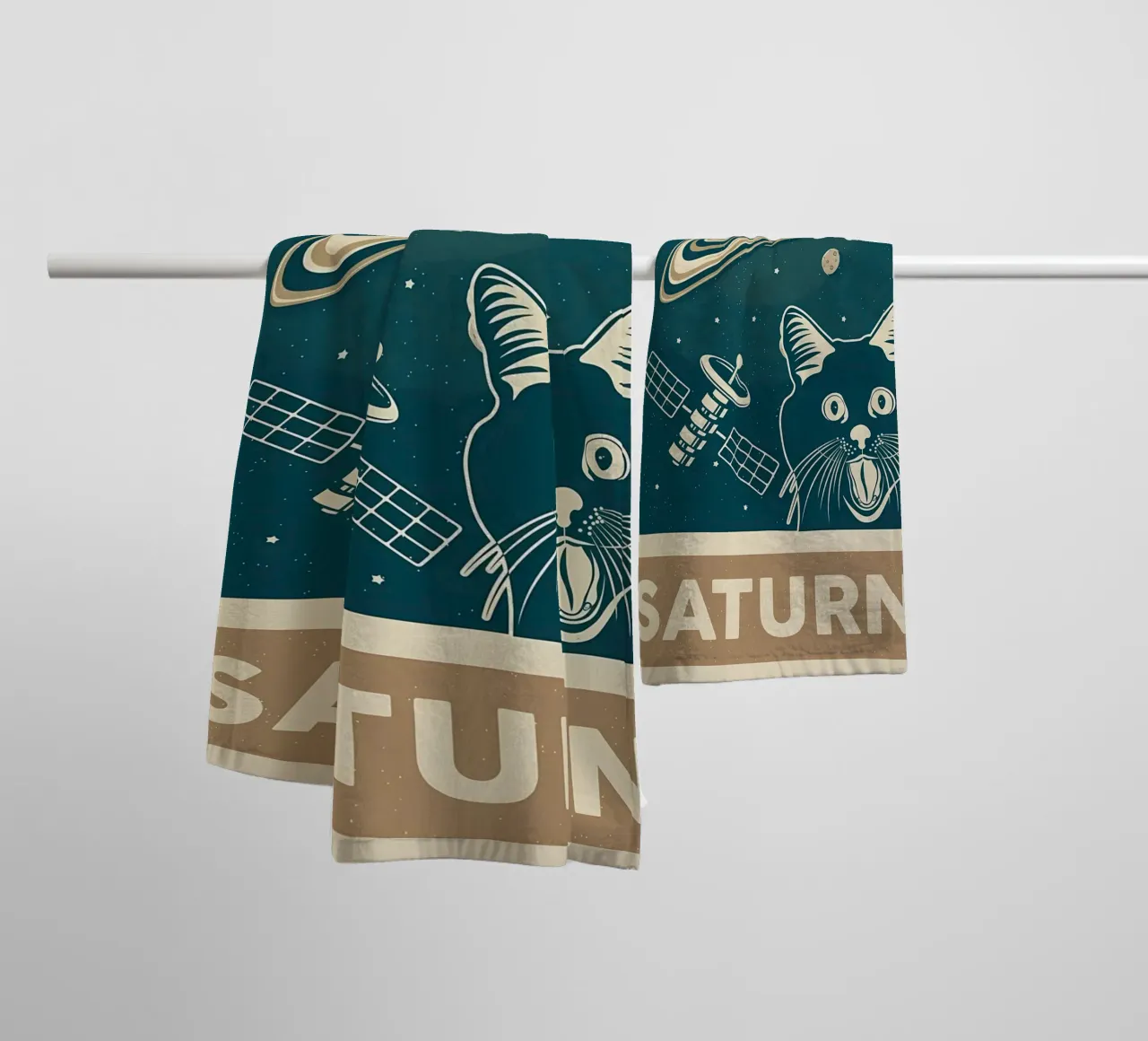 Retro Cat and Saturn towel by Monique A Hooper