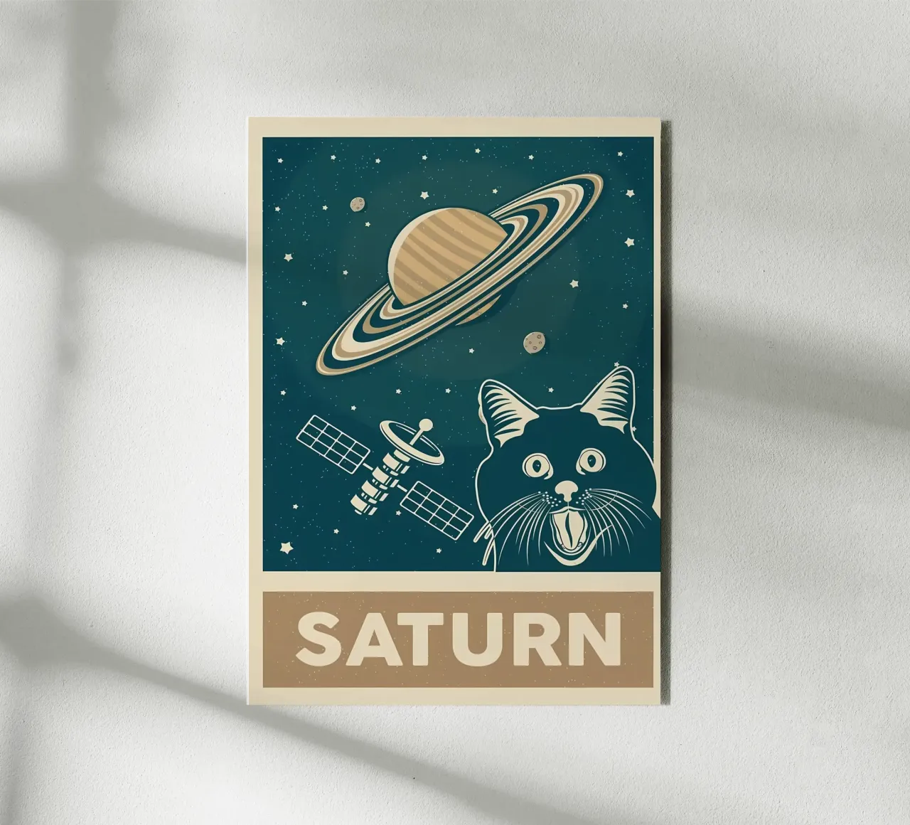 Retro Cat and Saturn alu-dibond by Monique A Hooper