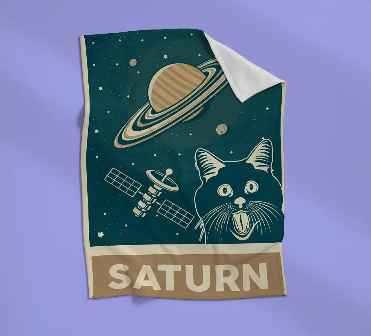 Retro Cat and Saturn fleece blanket by Monique A Hooper