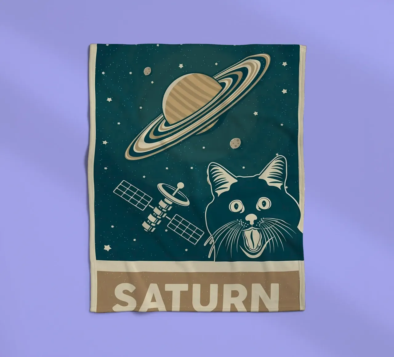 Retro Cat and Saturn fleece blanket by Monique A Hooper