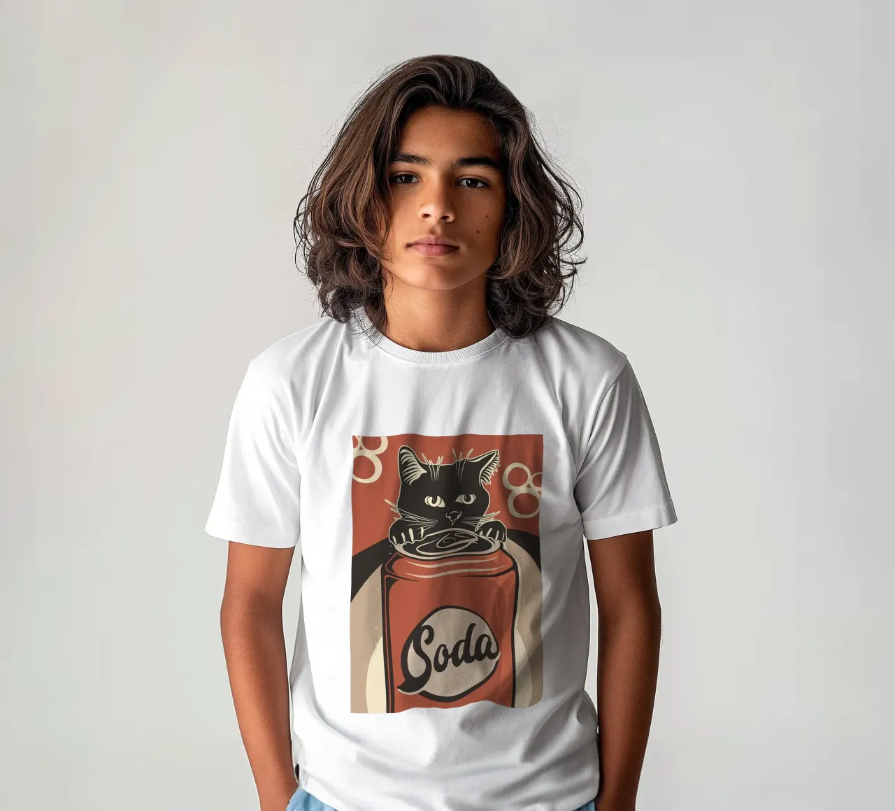 Cat and Soda cold drinks 2 kids t-shirt by Monique A Hooper