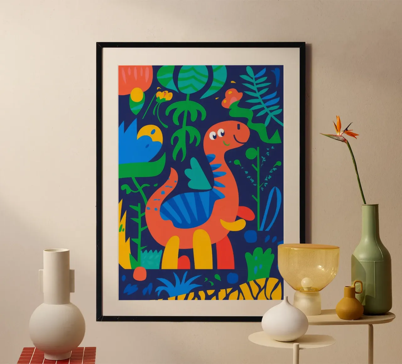 Scena di giungla di dinosauri poster con telaio in alluminio da Seren Liodra