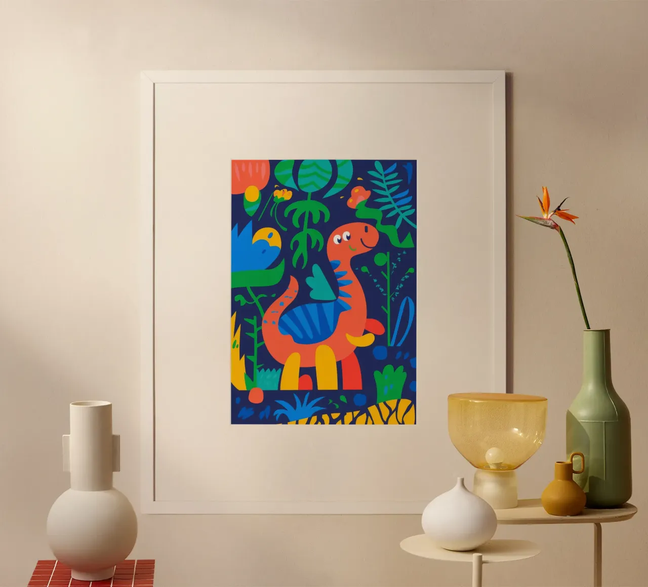 Scena di giungla di dinosauri poster con telaio in alluminio da Seren Liodra