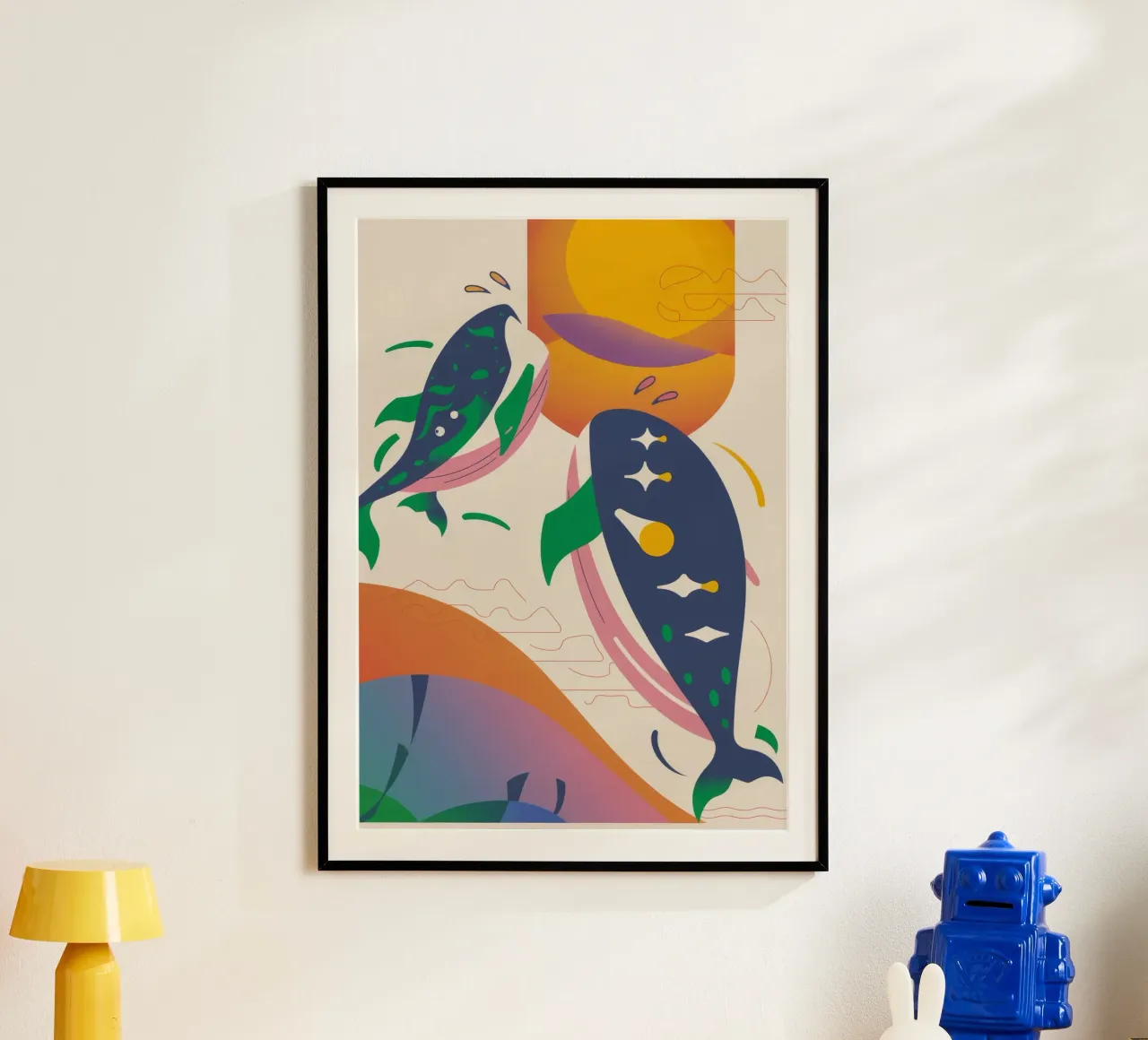 Balena e uccelli poster con telaio in plastica da Seren Liodra