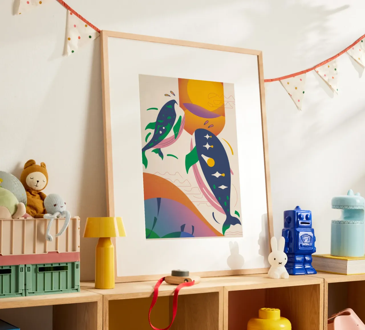 Balena e uccelli poster con telaio in plastica da Seren Liodra