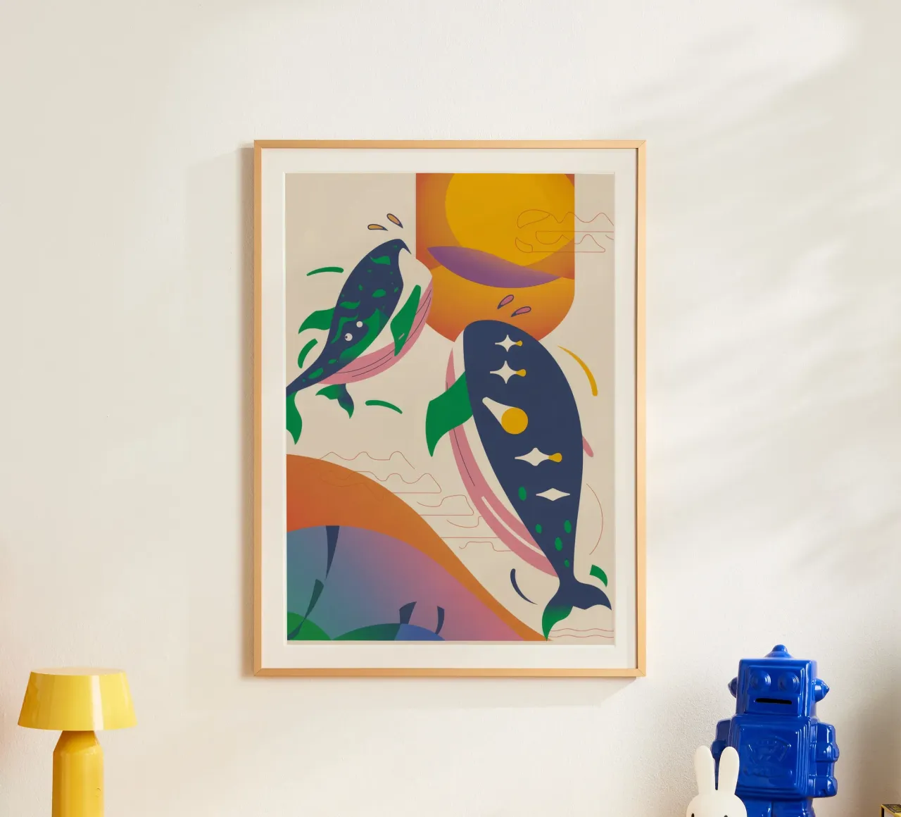 Balena e uccelli poster con telaio in plastica da Seren Liodra