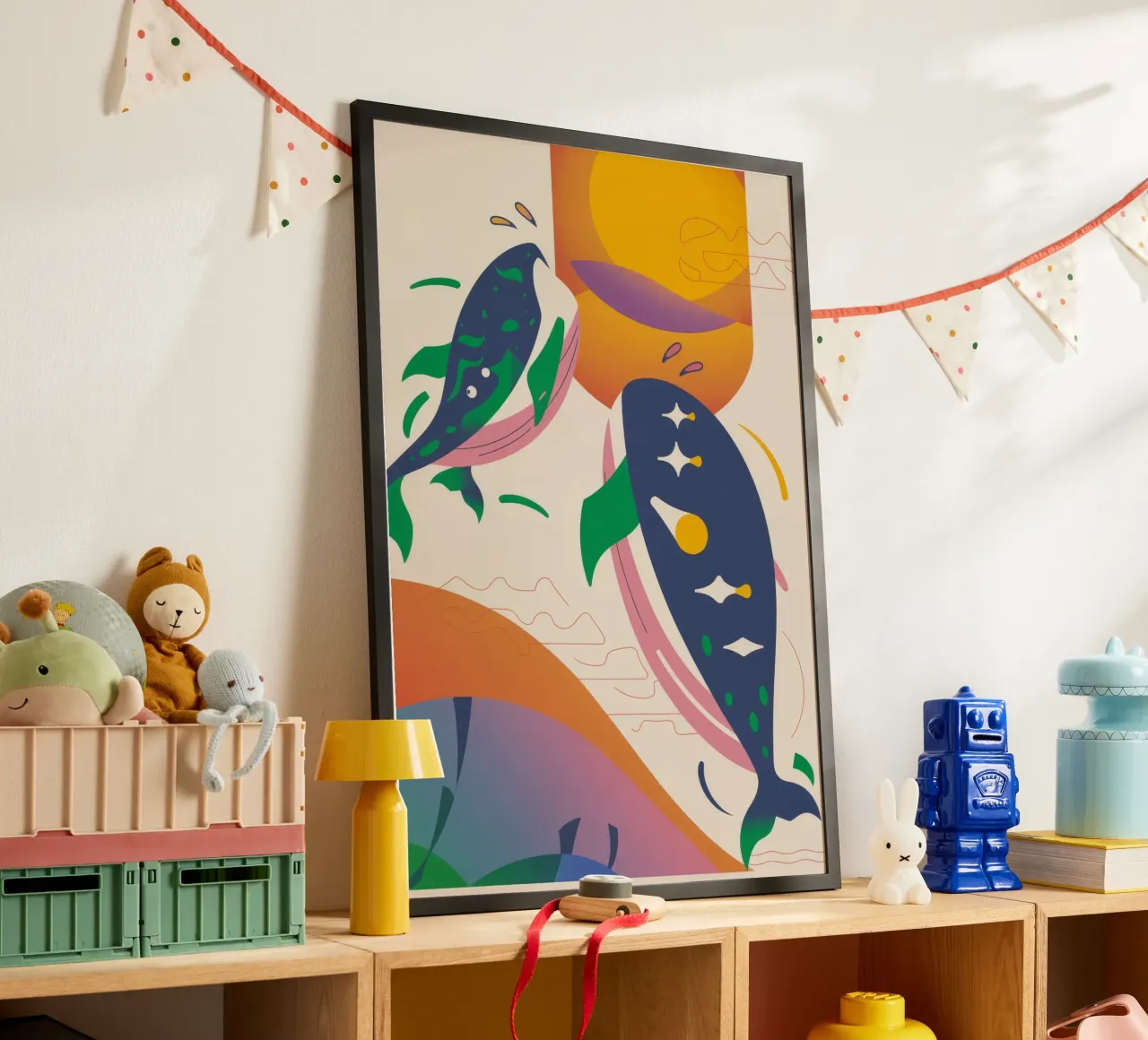 Balena e uccelli poster con telaio in plastica da Seren Liodra