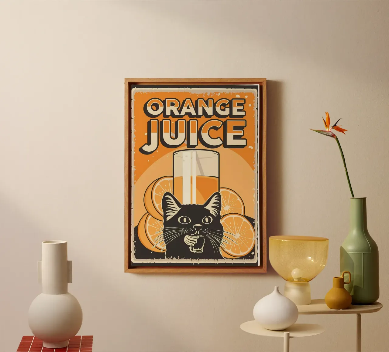 Gatto e succo di frutta divertenti 2 tela con Cornice a cassetta da Monique A Hooper
