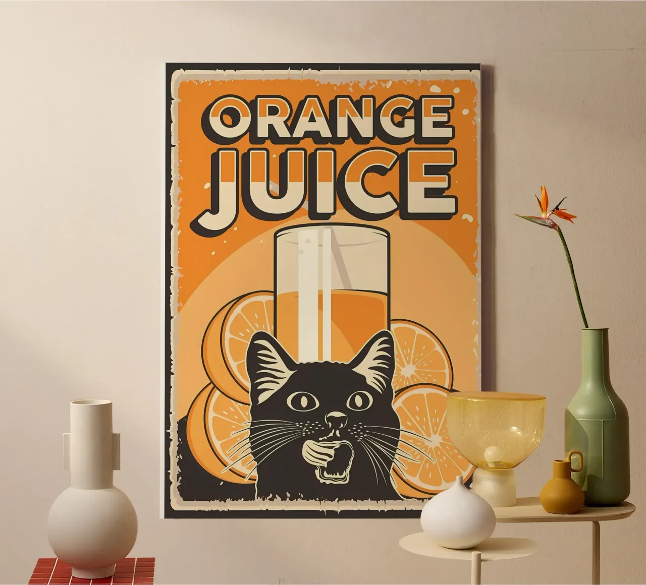 Gatto e succo di frutta divertenti 2 tela con Cornice a cassetta da Monique A Hooper
