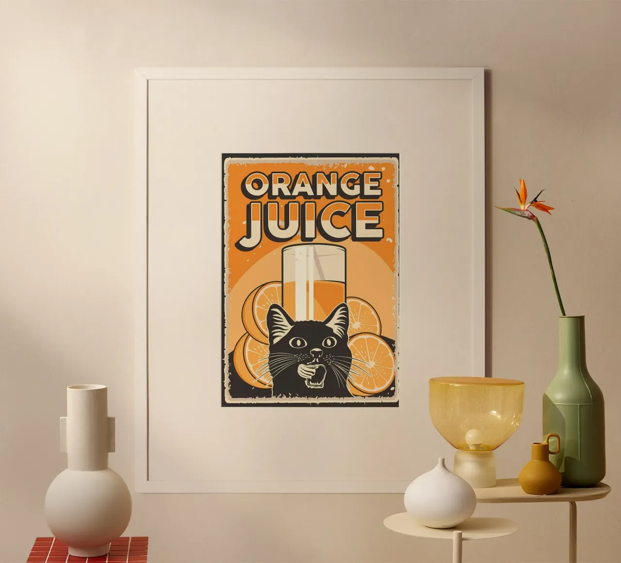 Gatto e succo di frutta divertenti 2 poster con telaio in alluminio da Monique A Hooper