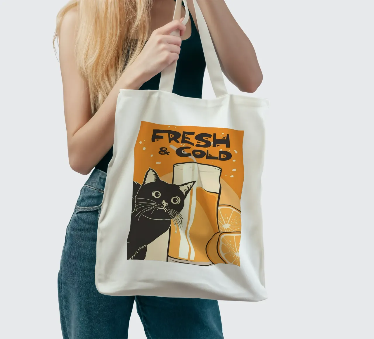 Gatto e succo di frutta divertenti borsa in juta da Monique A Hooper