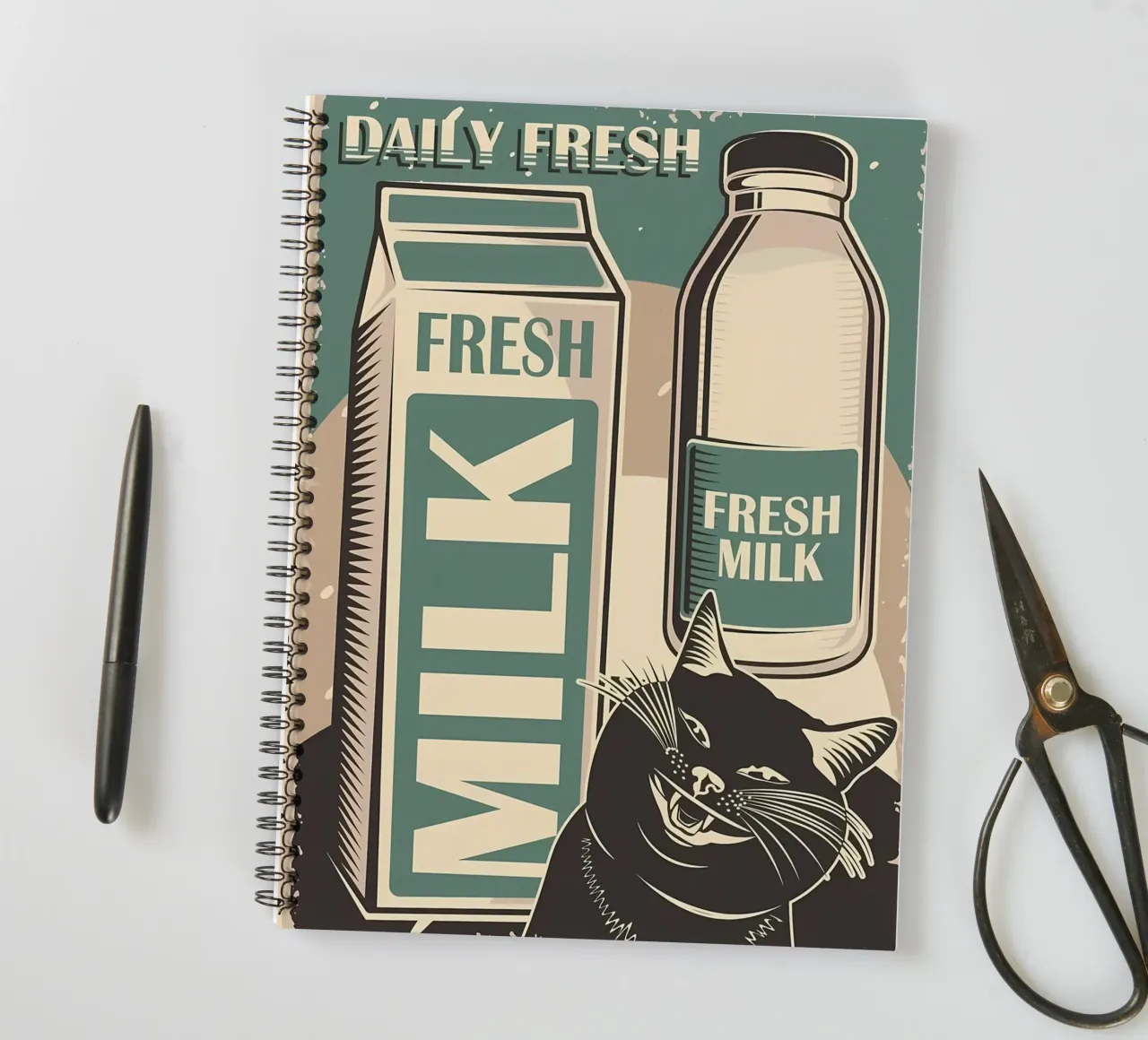 Funny Cat and Milk 2 spiral notebook by Monique A Hooper