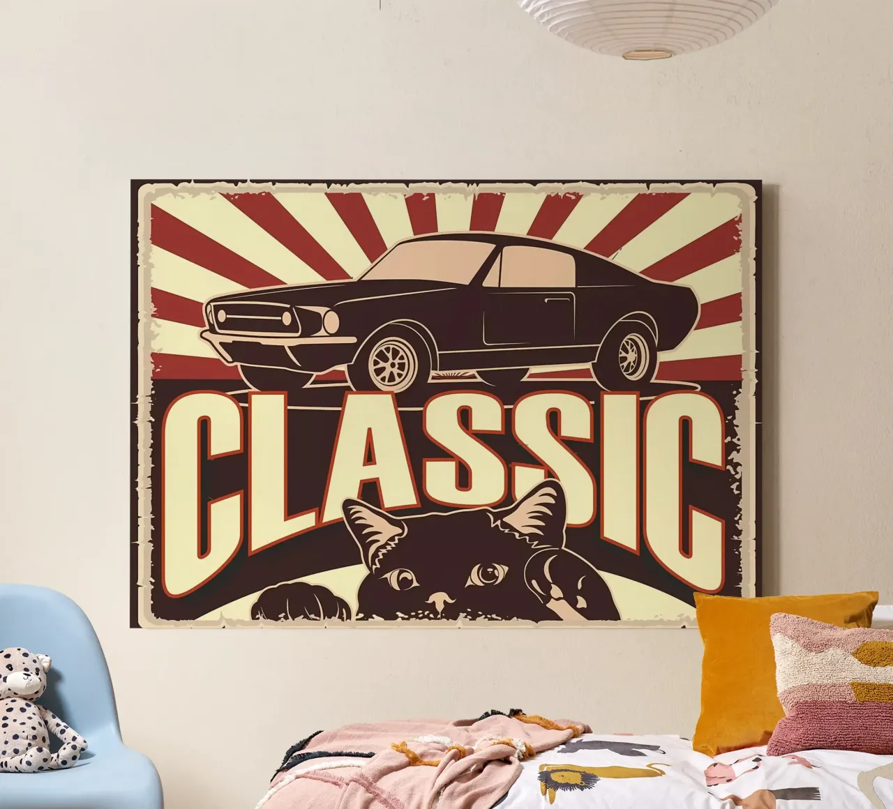 Retro Cat and Garage canvas with Floater frame by Monique A Hooper