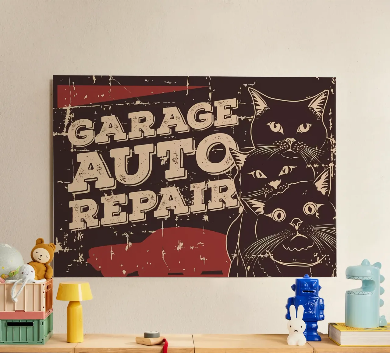 Retro Cat e Garage 2 alluminio dibond da Monique A Hooper