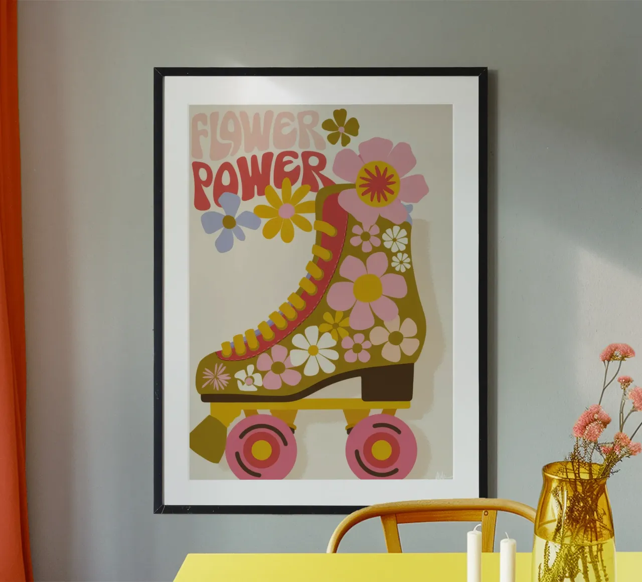 Flower Power Skate poster con telaio in legno da Seren Liodra