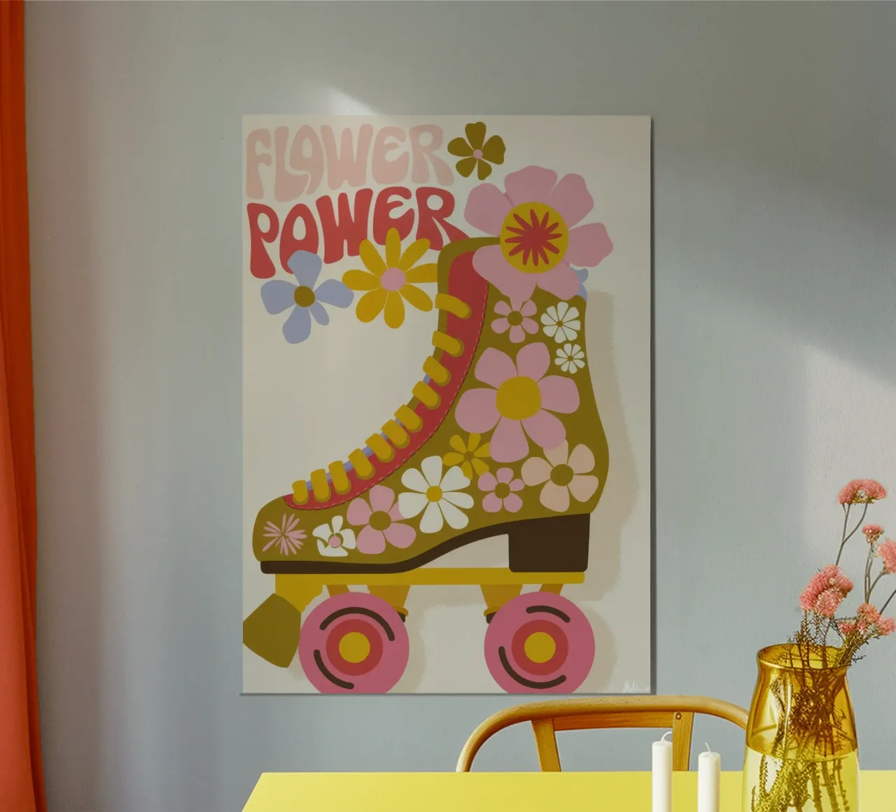 Flower Power Skate poster con telaio in legno da Seren Liodra