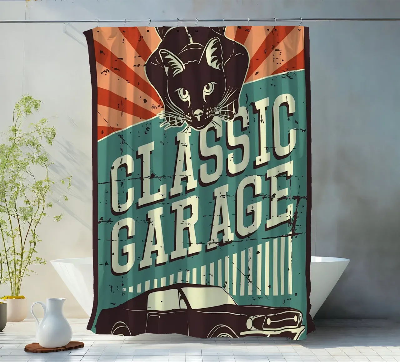 Retro Cat e Garage 3 tenda da doccia da Monique A Hooper