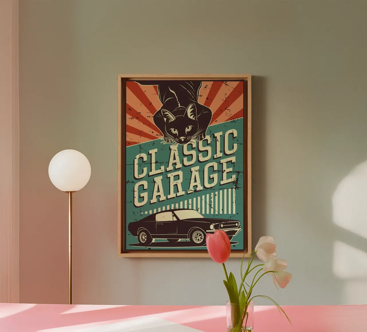 Retro Cat and Garage 3 canvas with Floater frame by Monique A Hooper