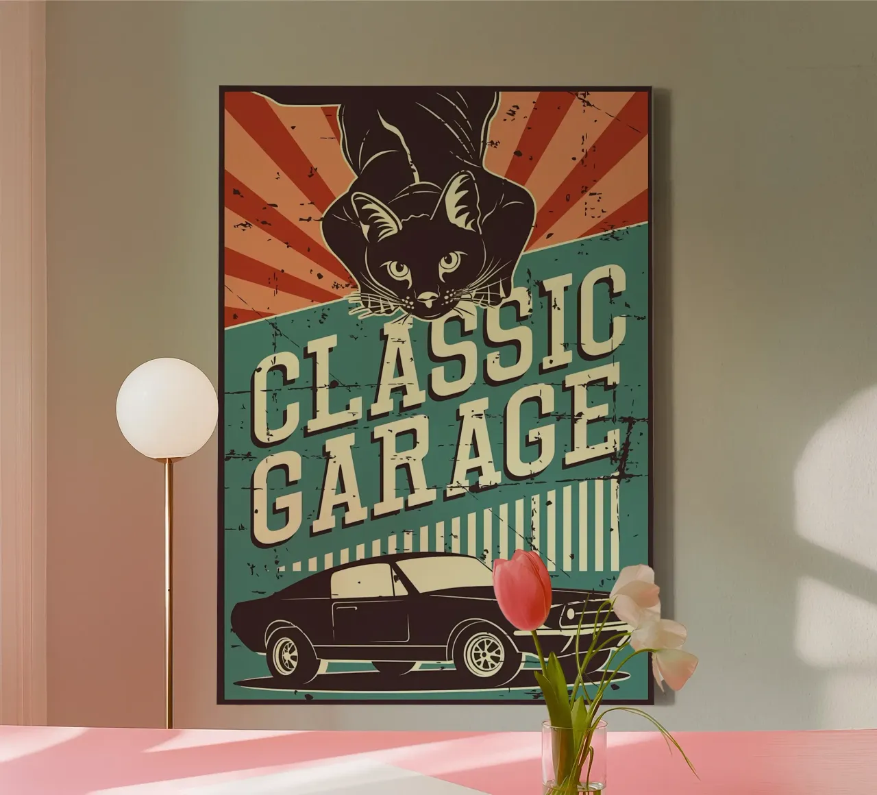 Retro Cat and Garage 3 canvas with Floater frame by Monique A Hooper