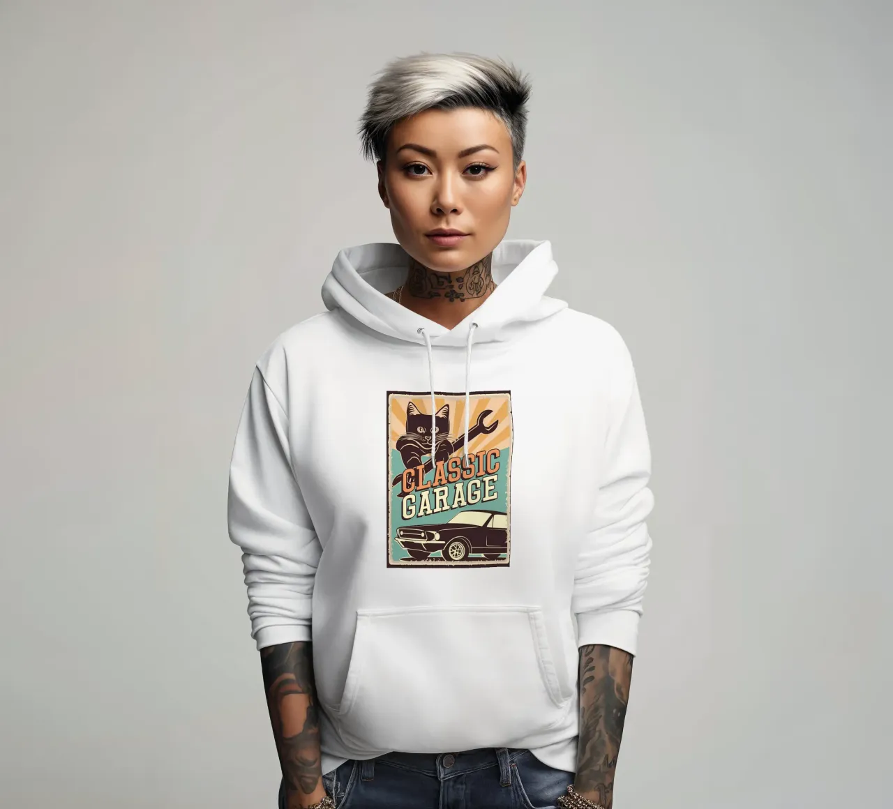 Retro Cat e Garage 4 felpa con cappuccio da Monique A Hooper