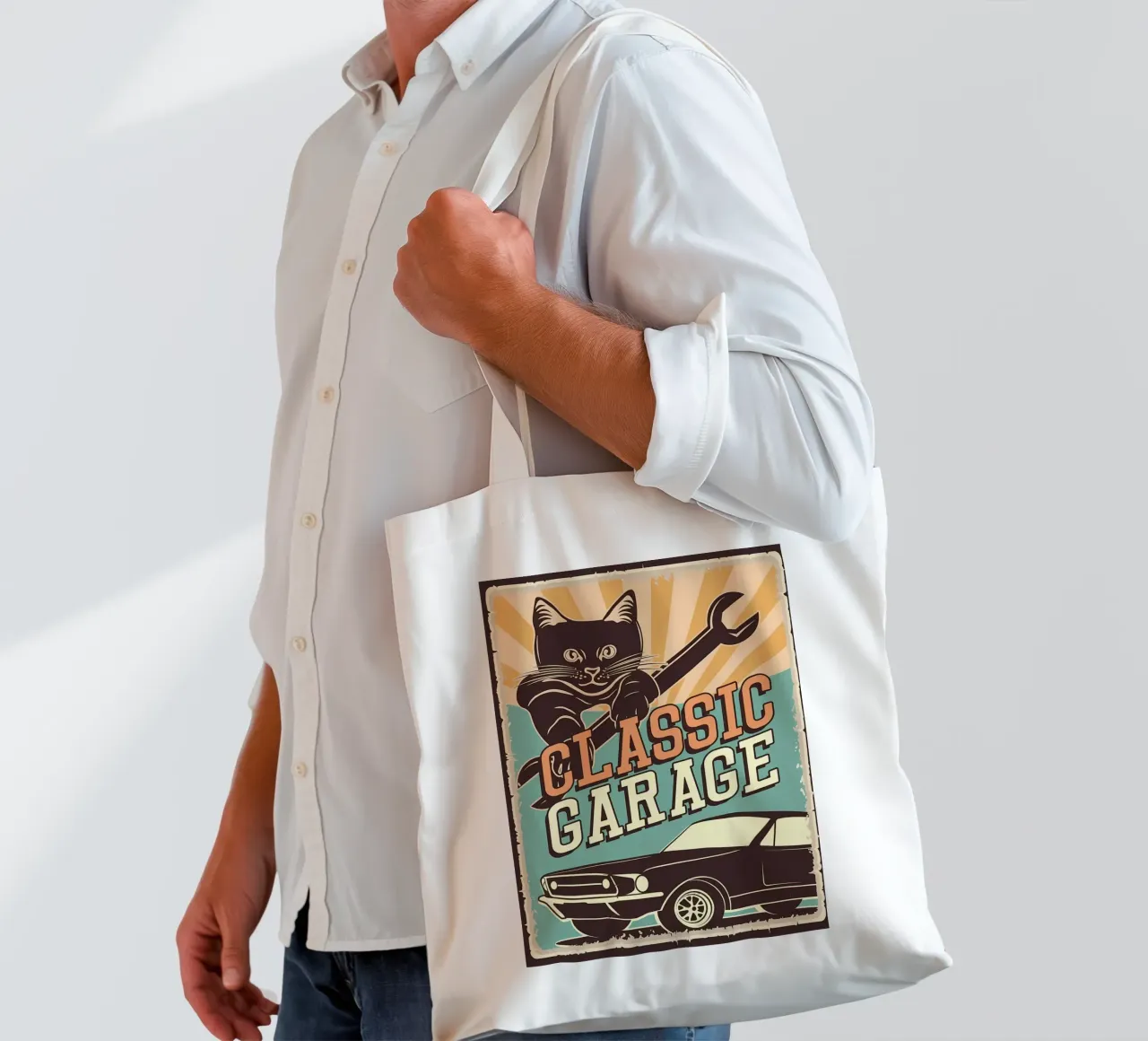 Retro Cat e Garage 4 borsa in juta da Monique A Hooper