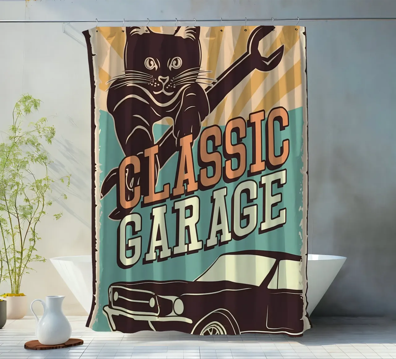 Retro Cat e Garage 4 tenda da doccia da Monique A Hooper