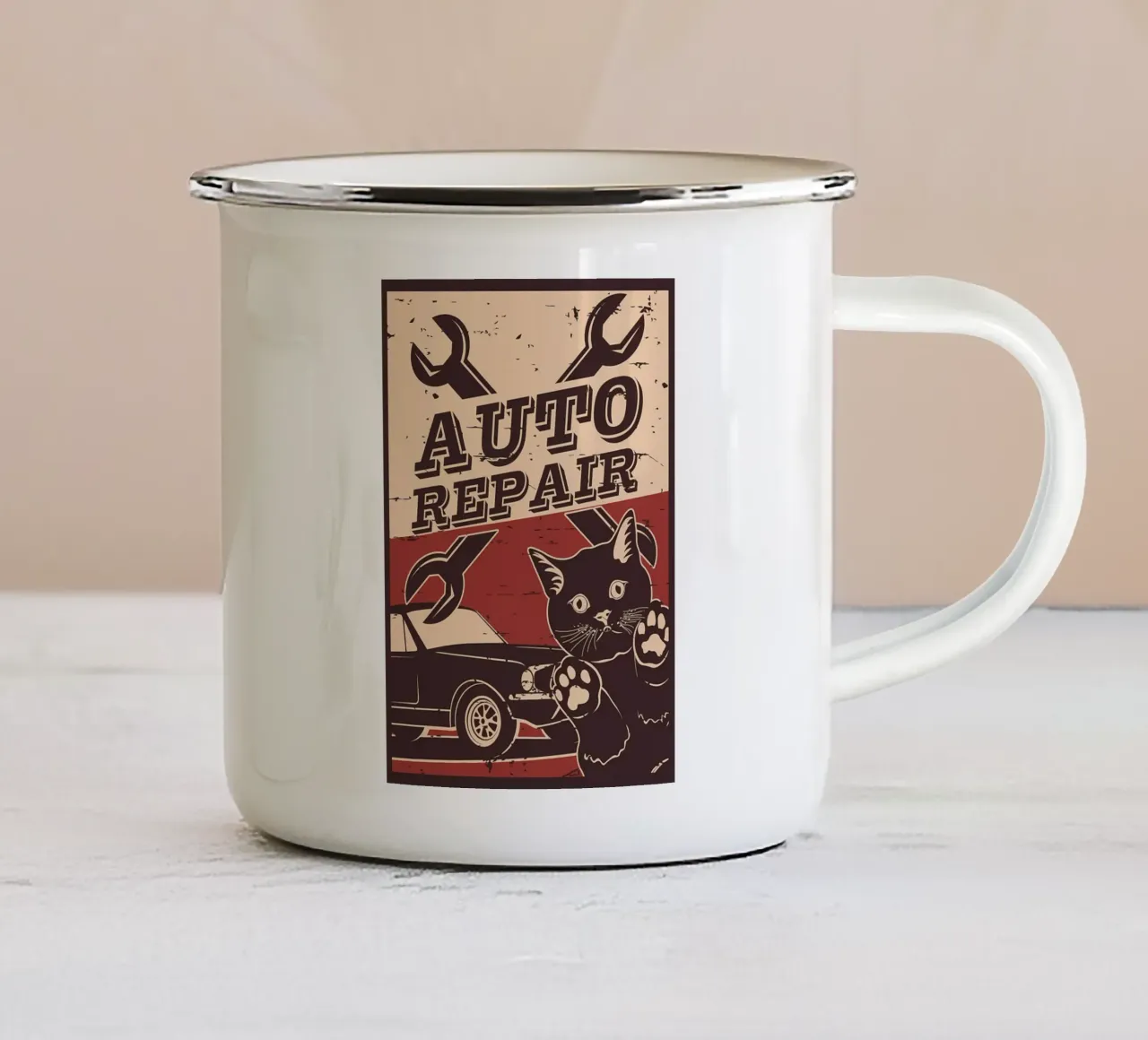 Retro Cat e Garage 6 tazza in smalto da Monique A Hooper